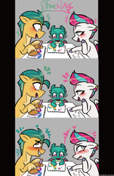 Size: 596x917 | Tagged: safe, artist:jully-park, hitch trailblazer, izzy moonbow, sparky sparkeroni, sunny starscout, zipp storm, dragon, earth pony, pegasus, pony, g5, blushing, countershading, female, gray background, hitch is best dragon dad, male, mare, ship:stormblazer, shipper on deck, shipping, simple background, stallion, sternocleidomastoid, straight, trio, zipp is best dragon mom