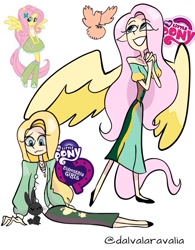 Size: 965x1240 | Tagged: safe, artist:aravaliadatlia, fluttershy, bird, human, rabbit, equestria girls, g4, alternate hairstyle, animal, cardigan, clothes, concave belly, cute, dress, elf ears, female, flats, grin, humanized, jewelry, natural hair color, necklace, shoes, shyabetes, simple background, skirt, smiling, solo, stylized, thin, white background, winged humanization, wings