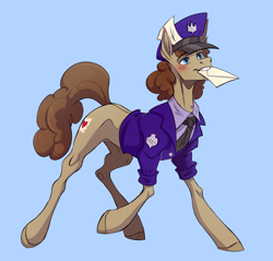 Size: 3097x2965 | Tagged: safe, artist:1an1, parcel post, post haste, earth pony, pony, g4, blue background, cyan background, letter, male, mouth hold, simple background, skinny, solo, stallion, sternocleidomastoid, thin