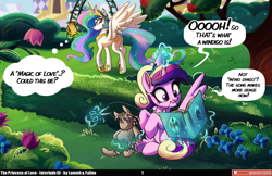 Size: 2560x1661 | Tagged: safe, artist:faline-art, artist:lummh, princess cadance, princess celestia, smarty pants, alicorn, pony, comic:the princess of love, g4, book, butt, canterlot gardens, cute, cutedance, dialogue, duo, duo female, female, filly, filly cadance, flower, garden, hedge, high res, levitation, looking back, magic, mare, mouth hold, plot, reading, scissors, sewing, sewing needle, sitting, speech bubble, spread wings, sunbutt, telekinesis, thought bubble, tree, wings, younger