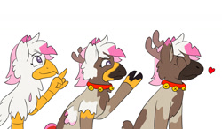Size: 1280x747 | Tagged: safe, artist:wereskunk, oc, oc only, oc:foxxy hooves, deer, hippogriff, reindeer, bell, bell collar, collar, eyes closed, female, heart, hippogriff oc, hippogriff to reindeer, looking up, pointing, reindeerified, simple background, solo, species swap, transformation, transformation sequence, white background