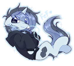 Size: 532x479 | Tagged: safe, artist:flixanoa, oc, oc only, oc:fef, pony, unicorn, clothes, earbuds, eye clipping through hair, floppy ears, hoodie, horn, long mane male, male, simple background, smiling, solo, stallion, transparent background, unicorn oc