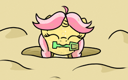 Size: 1156x721 | Tagged: safe, artist:craftycirclepony, oc, oc:crafty circles, beach, cute, dirty, female, filly, foal, freckles, hole, looking at you, mouth hold, sand, shovel, smiling, solo