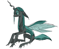 Size: 558x466 | Tagged: safe, artist:emptygoldstudio, queen chrysalis, changeling, changeling queen, alternate design, alternate universe, concave belly, frown, lidded eyes, simple background, skinny, thin, white background
