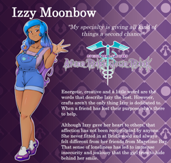 Size: 6347x6048 | Tagged: safe, artist:jackudoggy, izzy moonbow, human, g5, abstract background, big breasts, breasts, busty izzy moonbow, dark skin, gradient background, humanized, moderate dark skin, overall shorts, reference sheet, solo, text