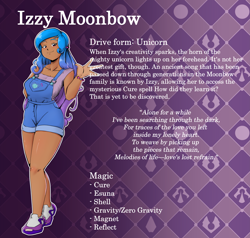 Size: 6347x6048 | Tagged: safe, artist:jackudoggy, izzy moonbow, human, g5, abstract background, big breasts, breasts, busty izzy moonbow, dark skin, gradient background, humanized, moderate dark skin, overall shorts, reference sheet, text