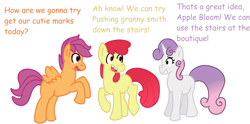 Size: 4092x2034 | Tagged: safe, artist:zoeyhorse, apple bloom, scootaloo, sweetie belle, earth pony, pegasus, pony, unicorn, g4, blank flank, cutie mark crusaders, dialogue, female, filly, foal, high res, horn, implied granny smith, rearing, simple background, this will end in pain and/or death, tooth gap, trio, white background
