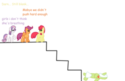 Size: 3351x2174 | Tagged: safe, artist:zoeyhorse, apple bloom, granny smith, scootaloo, sweetie belle, earth pony, pegasus, pony, unicorn, g4, blank flank, cutie mark crusaders, death, dialogue, female, high res, horn, mare, simple background, stairs, this ended in death, white background