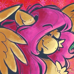 Size: 1024x1024 | Tagged: safe, artist:fluttersharpi, artist:yumkandie, fluttershy, pegasus, pony, g4, abstract background, bust, eyebrows, eyebrows visible through hair, eyes closed, female, fluffy, mare, signature, smiling, solo, wings