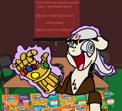 Size: 1040x943 | Tagged: safe, artist:atomgatherer, derpibooru exclusive, oc, oc only, oc:atom gatherer, earth pony, pony, brown hoodie, chest fluff, custom designed for hooves thanos gauntlet, hat, infinity gauntlet, mad with power, marvel, meme, solo, yummy dino buddies dinosoar shaped chicken breast nuggets