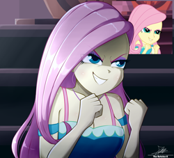 Size: 2134x1934 | Tagged: safe, artist:the-butch-x, fluttershy, human, a fine line, equestria girls, g4, my little pony equestria girls: better together, bare shoulders, breasts, bust, busty fluttershy, cleavage, clothes, dress, evil fluttershy, evil grin, eye clipping through hair, eyebrows, eyebrows visible through hair, eyeshadow, female, fluttershy's revenge, grin, hairpin, high res, lidded eyes, makeup, scene interpretation, screencap reference, signature, smiling, solo