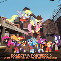 Size: 640x640 | Tagged: safe, artist:spytherealone, applejack, berry punch, berryshine, derpy hooves, fluttershy, pinkie pie, rainbow dash, rarity, sunset shimmer, twilight sparkle, alicorn, earth pony, pegasus, pony, unicorn, g4, 2fort, alternate mane seven, background pony, bandage, caption, clothes, crossover, demoman, demoman (tf2), digital art, dog tags, engineer, engineer (tf2), eyepatch, female, flying, game, gas mask, glasses, gloves, goggles, hard hat, hat, headpiece, heavy (tf2), heavy weapons guy, helmet, horn, interpretation, looking at you, mane six, mare, mask, medic, medic (tf2), pyro (tf2), scout (tf2), sniper, sniper (tf2), soldier (tf2), spread wings, spy, spy (tf2), suit, team fortress 2, text, twilight sparkle (alicorn), video game, video game crossover, watermark, wings