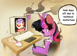 Size: 1665x1203 | Tagged: safe, artist:vondsketch, sweetie belle, twilight sparkle, pony, robot, unicorn, semi-anthro, g4, chair, computer, cute, decepticon, error, female, horn, keyboard, looking at you, looking back, looking back at you, mare, oh no, sitting, smoke, sweetie bot, talking, text, transformers
