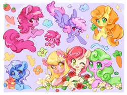 Size: 1890x1417 | Tagged: safe, artist:chonpsk, berry punch, berryshine, carrot top, golden harvest, minuette, roseluck, earth pony, pegasus, pony, unicorn, g4, carrot, cloud, cute, female, flower, flying, food, horn, looking at you, looking back, looking back at you, present, smiling, sparkles, tomato
