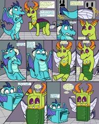 Size: 2400x3000 | Tagged: safe, artist:slywolf136, princess ember, thorax, changeling, dragon, comic, commission, electricity, inanimate tf, oven, refrigerator, shocked, transformation
