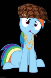 Size: 500x762 | Tagged: artist needed, source needed, safe, edit, rainbow dash, g4, bad edit, black background, blunt, confused, hat, jewelry, meme, necklace, scumbag hat, simple background, solo