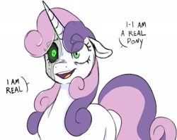 Size: 2635x2097 | Tagged: safe, artist:b(r)at, sweetie belle, pony, robot, robot pony, unicorn, g4, denial, dialogue, existential crisis, eye clipping through hair, eyebrows, eyebrows visible through hair, female, floppy ears, horn, mare, missing cutie mark, older, older sweetie belle, open mouth, simple background, solo, sweetie bot, white background