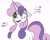 Size: 2635x2097 | Tagged: safe, artist:b(r)at, sweetie belle, pony, robot, unicorn, dialogue, existential crisis, eye clipping through hair, eyebrows, eyebrows visible through hair, female, floppy ears, horn, mare, missing cutie mark, older, older sweetie belle, open mouth, simple background, solo, sweetie bot, white background