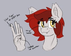 Size: 2391x1902 | Tagged: safe, artist:reddthebat, oc, oc only, oc:reddthebat, bat pony, pony, arrow, bat pony oc, eyebrows, eyebrows visible through hair, fangs, female, gray background, hand, mare, simple background, solo, text