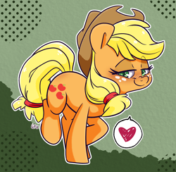 Size: 1832x1788 | Tagged: safe, artist:lou, applejack, earth pony, pony, g4, abstract background, bedroom eyes, blushing, cute, female, heart, jackabetes, lidded eyes, looking at you, mare, pictogram, smiling, smiling at you, solo, speech bubble, standing on two hooves