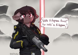 Size: 2422x1716 | Tagged: safe, artist:reddthebat, oc, oc only, oc:number nine, earth pony, pony, armor, bipedal, dialogue, female, floppy ears, gun, helldivers 2, hoof hold, mare, solo, speech bubble, talking to viewer, weapon
