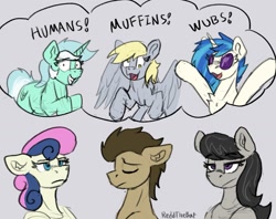 Size: 1233x975 | Tagged: safe, artist:reddthebat, bon bon, derpy hooves, dj pon-3, doctor whooves, lyra heartstrings, octavia melody, sweetie drops, time turner, vinyl scratch, earth pony, pegasus, pony, unicorn, g4, bon bon is not amused, chest fluff, doctor whooves is not amused, ear fluff, eyes closed, female, floppy ears, frown, furrowed brow, gray background, grin, horn, lidded eyes, male, mare, muffin, octavia is not amused, open mouth, open smile, signature, silly, silly pony, simple background, smiling, stallion, that pony sure does love humans, that pony sure does love muffins, that pony sure does love wubs, thought bubble, unamused, wub