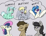 Size: 1233x975 | Tagged: safe, artist:reddthebat, bon bon, derpy hooves, dj pon-3, doctor whooves, lyra heartstrings, octavia melody, sweetie drops, time turner, vinyl scratch, earth pony, pegasus, pony, unicorn, g4, chest fluff, ear fluff, eyes closed, female, floppy ears, frown, furrowed brow, gray background, grin, horn, lidded eyes, male, mare, muffin, open mouth, open smile, signature, silly, silly pony, simple background, smiling, stallion, that pony sure does love humans, that pony sure does love muffins, that pony sure does love wubs, thought bubble, wub
