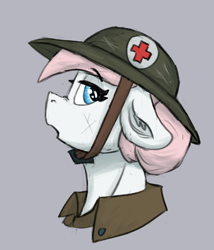 Size: 728x850 | Tagged: safe, artist:reddthebat, nurse redheart, earth pony, pony, redd's great war universe, g4, army helmet, aside glance, bust, ear fluff, eyebrows, eyebrows visible through hair, female, floppy ears, gray background, helmet, looking at you, mare, medic, open mouth, profile, simple background, solo, world war i