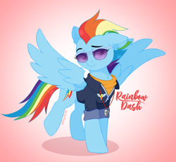 Size: 2752x2544 | Tagged: safe, artist:emyart18, part of a set, rainbow dash, pegasus, pony, g4, clothes, female, gradient background, high res, mare, older, older rainbow dash, raised leg, solo, spitfire's whistle, spread wings, sunglasses, whistle, wings