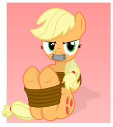 Size: 2000x2242 | Tagged: safe, artist:cardshark777, applejack, earth pony, pony, g4, angry, applejack is not amused, blonde mane, bondage, bound and gagged, digital art, female, gag, gradient background, green eyes, hair bun, hatless, helpless, hooves, hooves behind back, mare, missing accessory, puffy cheeks, rope, rope bondage, shading, shadow, sitting, solo, tape, tape gag, tied up, unamused