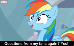 Size: 1920x1202 | Tagged: safe, edit, edited screencap, screencap, rainbow dash, pegasus, pony, comic:celestia's servant interview, g4, season 5, tanks for the memories, caption, cs captions, female, image macro, interview, mare, rainbow dash's house, solo, text