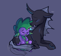 Size: 720x662 | Tagged: safe, artist:kreeeeeez, spike, thorax, changeling, dragon, g4, the times they are a changeling, comforting, cute, duo, duo male, eyes closed, fangs, male, spikabetes, thorabetes