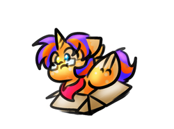 Size: 1169x872 | Tagged: safe, artist:zutcha, oc, oc only, alicorn, pony, :i, alicorn oc, bandana, behaving like a cat, box, cardboard box, glasses, heterochromia, horn, if i fits i sits, male, pony in a box, simple background, solo, stallion, white background, wings