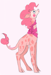 Size: 599x880 | Tagged: safe, artist:daydreamaskblog, pinkie pie, giraffe, clothes, female, giraffied, looking up, pink background, scarf, simple background, solo, species swap