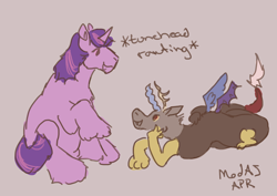 Size: 2048x1448 | Tagged: safe, discord, twilight sparkle, draconequus, unicorn, g4, friendshipping, gray background, horn, lying down, raised hoof, rant, signature, simple background, sitting, unicorn twilight