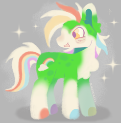 Size: 628x636 | Tagged: oc name needed, safe, artist:kaijulii, oc, oc only, earth pony, chest fluff, chest markings, cute, ear fluff, earth pony oc, frizzy hair, full body, gray background, green coat, green fur, leg markings, lineless, male, messy hair, messy mane, mismatched hooves, multicolored fur, multicolored hair, multicolored mane, multicolored tail, open mouth, open smile, pale belly, rainbow hair, simple background, smiling, solo, sparkles, spots, spotted, stallion, stallion oc, tail, yellow eyes