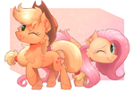 Size: 2618x1791 | Tagged: safe, artist:candy meow, applejack, fluttershy, earth pony, pegasus, pony, g4, abstract background, applejack's hat, braid, cheek fluff, chest fluff, cowboy hat, duo, ear fluff, female, folded wings, freckles, hairband, hat, hoof fluff, leg fluff, mare, one eye closed, raised hoof, smiling, standing, tail, tail band, wings, wink