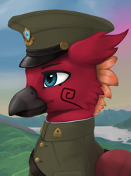 Size: 1560x2100 | Tagged: safe, artist:printik, oc, oc only, oc:arcus flamefeather, hippogriff, equestria at war mod, bust, cap, clothes, hat, hippogriff oc, military uniform, portrait, solo, uniform