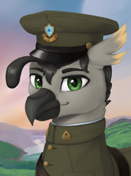 Size: 1560x2100 | Tagged: safe, artist:printik, oc, oc only, oc:faber greyfeather, hippogriff, equestria at war mod, bust, cap, clothes, hat, hippogriff oc, military uniform, portrait, solo, uniform