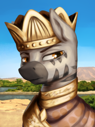 Size: 1560x2100 | Tagged: safe, artist:kelkessel, oc, oc only, oc:euzegoar, zebra, equestria at war mod, bust, clothes, crown, jewelry, portrait, regalia, river, solo, water, zebra oc