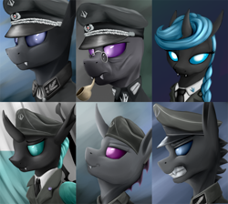 Size: 8023x7200 | Tagged: safe, artist:richmay, ocellus, oc, oc only, oc:arcus venn, oc:glossus sicarus, oc:pellucid, oc:protectress lilac, oc:sciaridae, changeling, equestria at war mod, angry, bust, cap, clothes, fangs, flag, glasses, hat, horn, military uniform, necktie, pin, pipe, portrait, pre changedling ocellus, uniform, wings
