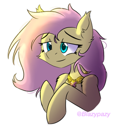 Size: 2250x2302 | Tagged: safe, artist:blazyplazy, fluttershy, pony, g4, cheek fluff, ear fluff, element of kindness, messy mane, shading, simple background, solo, white background