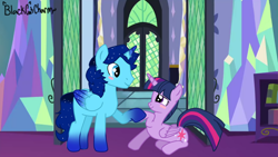 Size: 1192x670 | Tagged: safe, artist:blackcatcharm, twilight sparkle, oc, oc:blue thunder, alicorn, pony, g4, alicorn oc, blushing, duo, duo male and female, female, horn, male, reunited, signature, twilight sparkle (alicorn), twilight's castle, wings