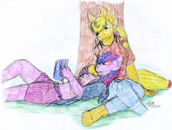 Size: 950x718 | Tagged: safe, artist:lunarlight-prism, applejack, twilight sparkle, earth pony, unicorn, anthro, g4, book, clothes, duo, duo female, female, hoodie, horn, lesbian, lying down, on back, reading, ship:twijack, shipping, simple background, sitting, traditional art, tree, white background