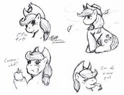 Size: 950x732 | Tagged: safe, artist:lunarlight-prism, applejack, earth pony, pony, g4, apple, dialogue, eating, female, food, mare, simple background, sitting, sketch, solo, traditional art, white background, wind