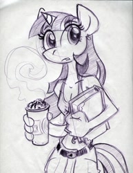 Size: 850x1100 | Tagged: safe, artist:trollie trollenberg, twilight sparkle, unicorn, anthro, g4, belly button, belly piercing, bellyring, belt, book, breasts, cleavage, coffee, coffee cup, cup, ear piercing, earring, female, food, holding, horn, jewelry, monochrome, piercing, solo, traditional art, whipped cream