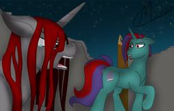 Size: 5000x3197 | Tagged: safe, artist:maître cervidé, oc, oc:hisark kirff, oc:red snow, unicorn, angry, crying, duo, duo female, fangs, female, horn, night, ruin, signature, stars
