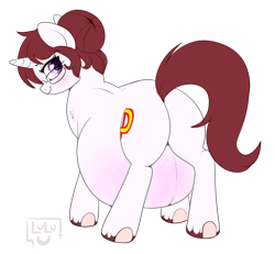 Size: 850x786 | Tagged: safe, artist:lulubell, oc, oc:amy, pony, unicorn, belly, big belly, blushing, butt, female, glasses, horn, mare, plot, pregnant, solo