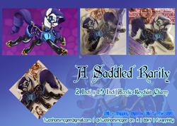 Size: 842x595 | Tagged: safe, artist:twoshoesmcgee, rarity, unicorn, g4, blinders, bridle, charm, clothes, for sale, horn, keychain, latex, outfit, reins, saddle, solo, tack, zoom layer