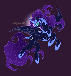 Size: 3661x3929 | Tagged: safe, artist:artsyart13, nightmare moon, alicorn, pony, g4, blue eyes, blue mane, blue tail, colored pupils, curved horn, digital art, ethereal mane, ethereal tail, feather, female, flowing mane, flowing tail, flying, helmet, high res, hoof shoes, horn, looking at you, mare, moon, moonlight, open mouth, open smile, peytral, princess shoes, purple background, signature, simple background, smiling, smiling at you, solo, spread wings, tail, wings